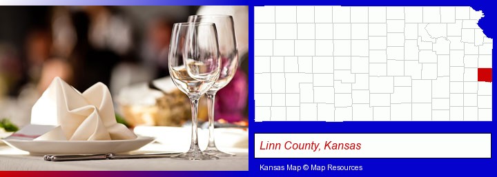 a restaurant table place setting; Linn County, Kansas highlighted in red on a map