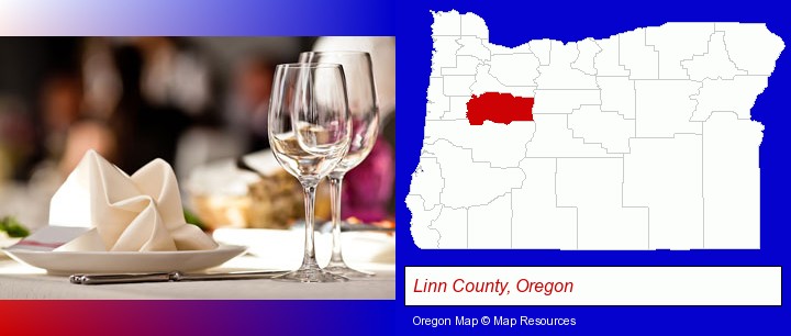 a restaurant table place setting; Linn County, Oregon highlighted in red on a map
