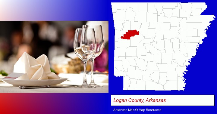 a restaurant table place setting; Logan County, Arkansas highlighted in red on a map