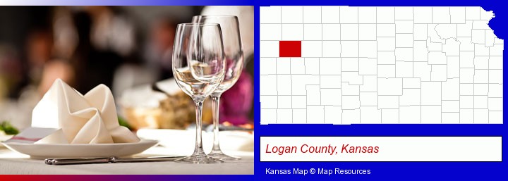 a restaurant table place setting; Logan County, Kansas highlighted in red on a map