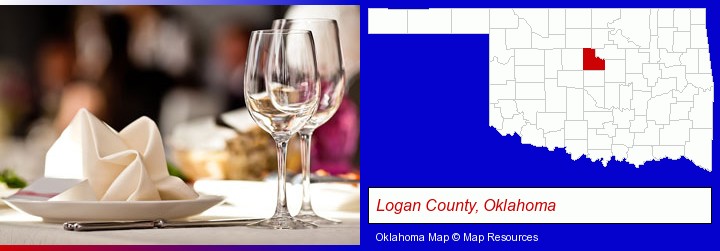 a restaurant table place setting; Logan County, Oklahoma highlighted in red on a map