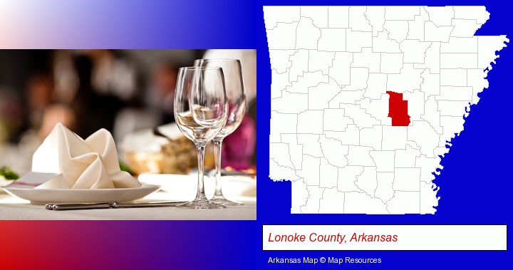 a restaurant table place setting; Lonoke County, Arkansas highlighted in red on a map