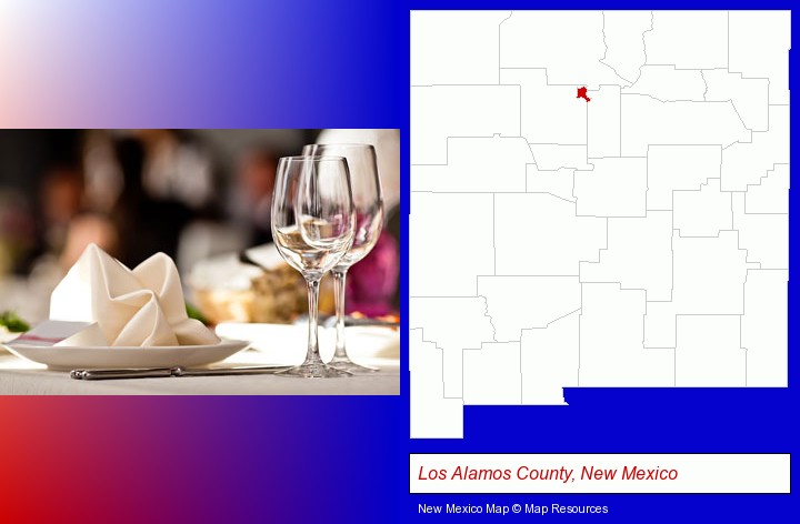 a restaurant table place setting; Los Alamos County, New Mexico highlighted in red on a map