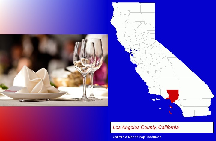a restaurant table place setting; Los Angeles County, California highlighted in red on a map