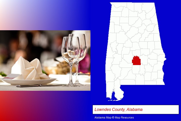 a restaurant table place setting; Lowndes County, Alabama highlighted in red on a map