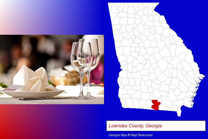 a restaurant table place setting; Lowndes County, Georgia highlighted in red on a map
