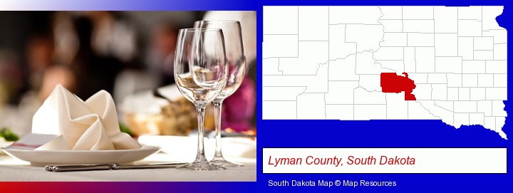 a restaurant table place setting; Lyman County, South Dakota highlighted in red on a map
