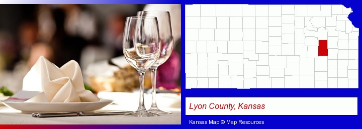 a restaurant table place setting; Lyon County, Kansas highlighted in red on a map