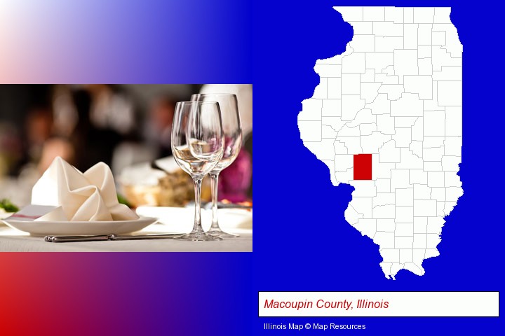 a restaurant table place setting; Macoupin County, Illinois highlighted in red on a map