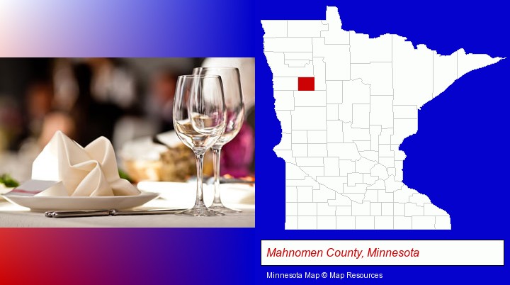 a restaurant table place setting; Mahnomen County, Minnesota highlighted in red on a map