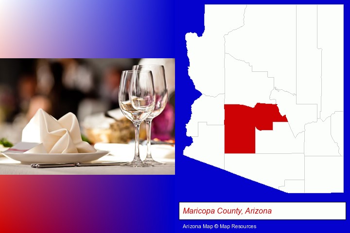 a restaurant table place setting; Maricopa County, Arizona highlighted in red on a map