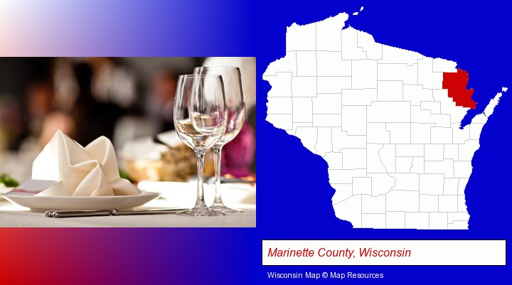 a restaurant table place setting; Marinette County, Wisconsin highlighted in red on a map
