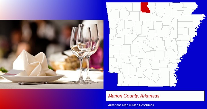 a restaurant table place setting; Marion County, Arkansas highlighted in red on a map
