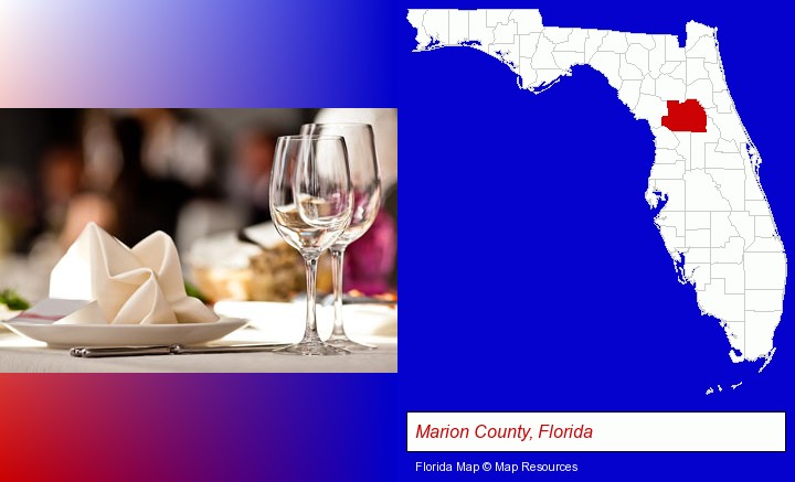 a restaurant table place setting; Marion County, Florida highlighted in red on a map