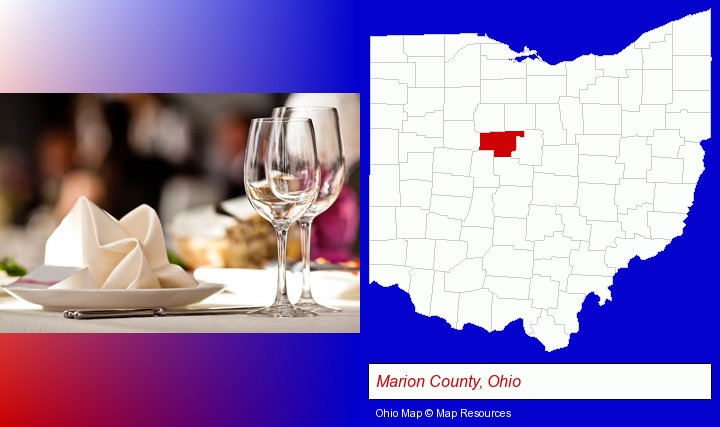 a restaurant table place setting; Marion County, Ohio highlighted in red on a map