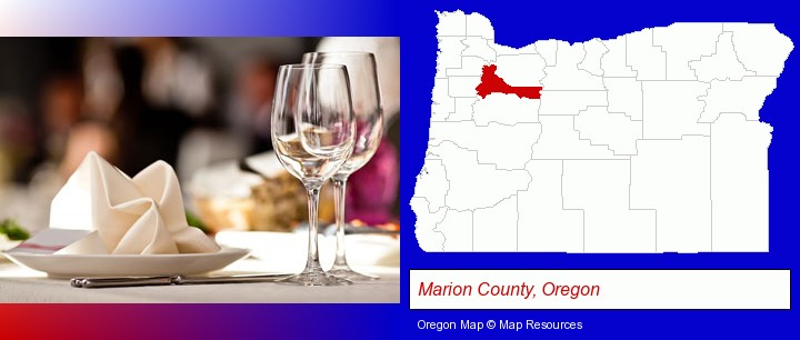 a restaurant table place setting; Marion County, Oregon highlighted in red on a map