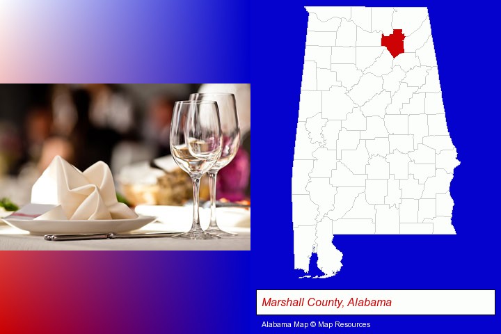 a restaurant table place setting; Marshall County, Alabama highlighted in red on a map