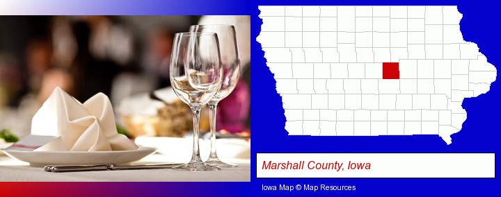 a restaurant table place setting; Marshall County, Iowa highlighted in red on a map