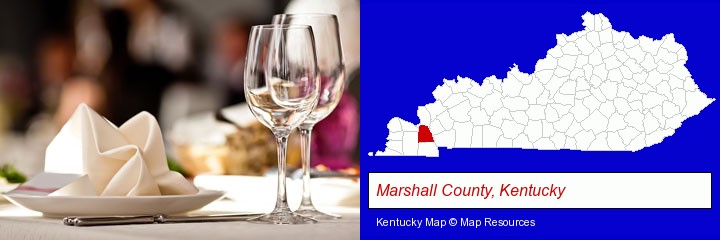 a restaurant table place setting; Marshall County, Kentucky highlighted in red on a map
