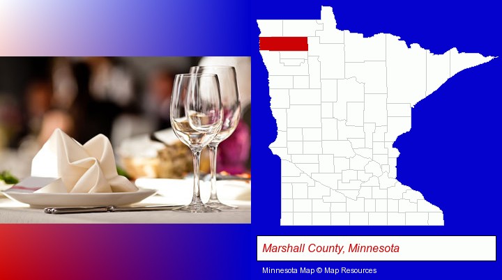 a restaurant table place setting; Marshall County, Minnesota highlighted in red on a map