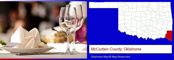 a restaurant table place setting; McCurtain County, Oklahoma highlighted in red on a map