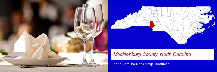a restaurant table place setting; Mecklenburg County, North Carolina highlighted in red on a map
