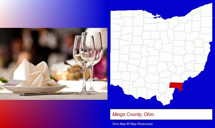 a restaurant table place setting; Meigs County, Ohio highlighted in red on a map