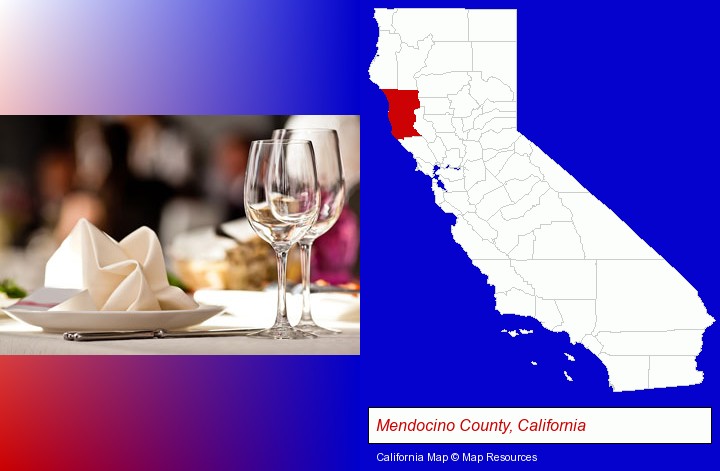 a restaurant table place setting; Mendocino County, California highlighted in red on a map