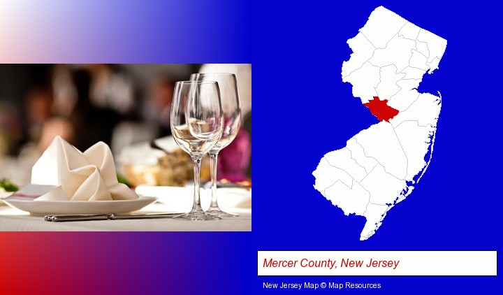 a restaurant table place setting; Mercer County, New Jersey highlighted in red on a map