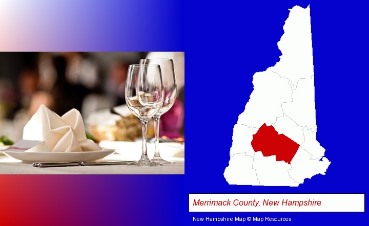 a restaurant table place setting; Merrimack County, New Hampshire highlighted in red on a map