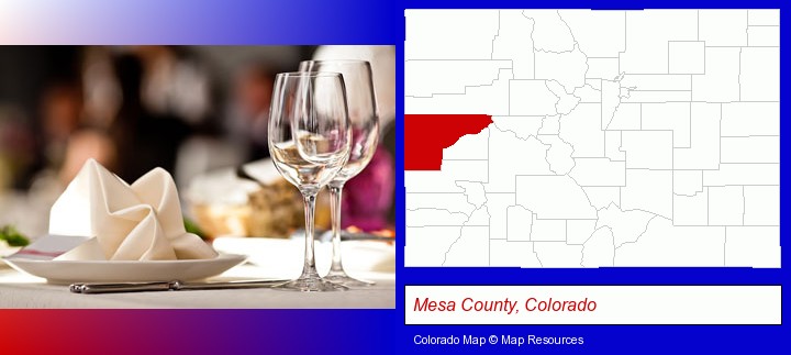 a restaurant table place setting; Mesa County, Colorado highlighted in red on a map