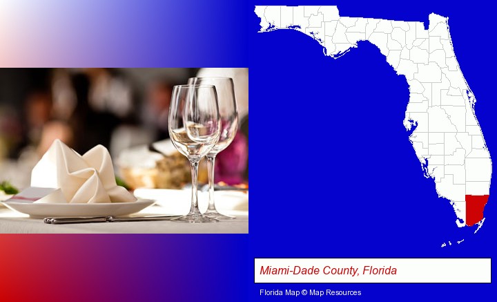 a restaurant table place setting; Miami-Dade County, Florida highlighted in red on a map