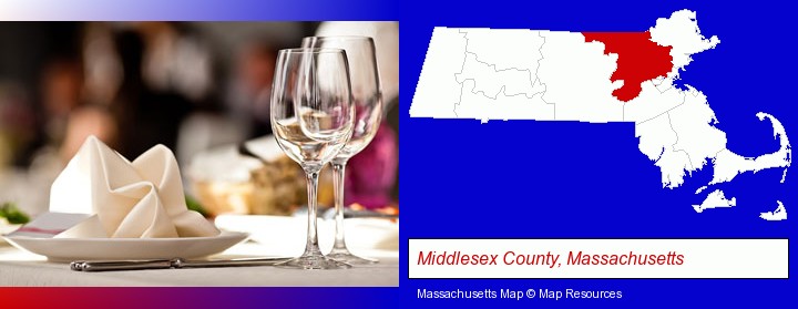 a restaurant table place setting; Middlesex County, Massachusetts highlighted in red on a map