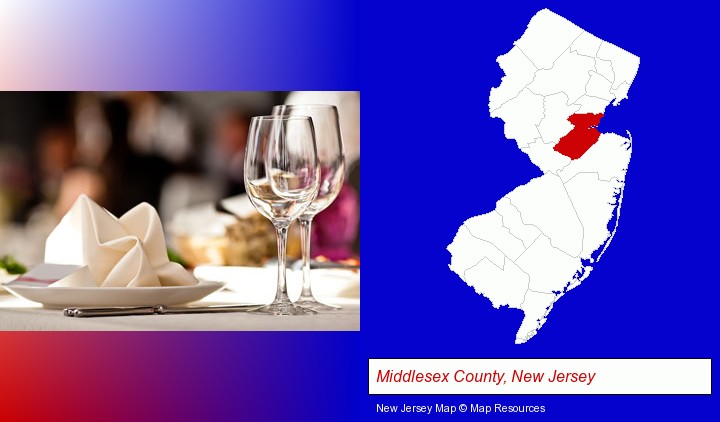 a restaurant table place setting; Middlesex County, New Jersey highlighted in red on a map