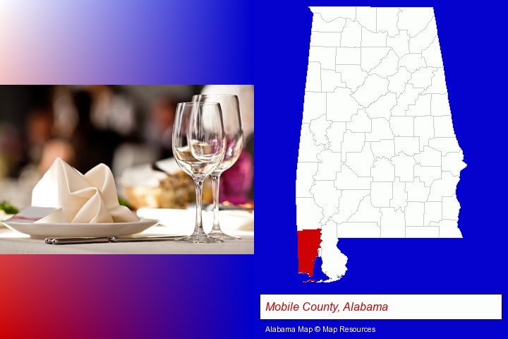 a restaurant table place setting; Mobile County, Alabama highlighted in red on a map