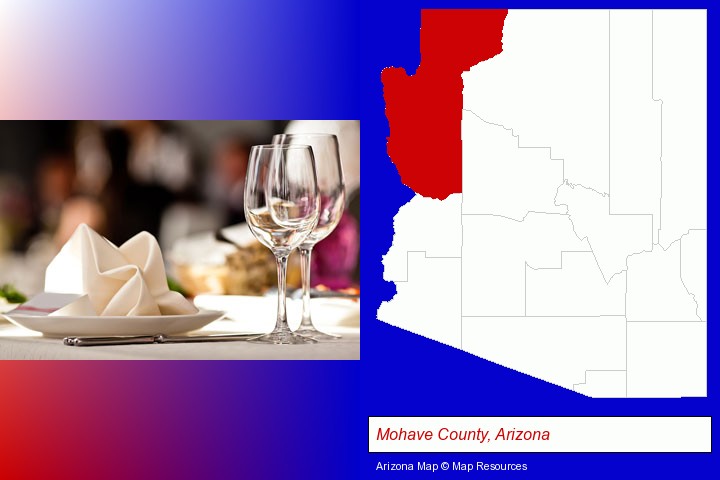 a restaurant table place setting; Mohave County, Arizona highlighted in red on a map