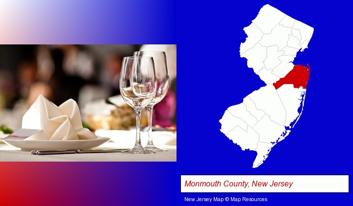 a restaurant table place setting; Monmouth County, New Jersey highlighted in red on a map
