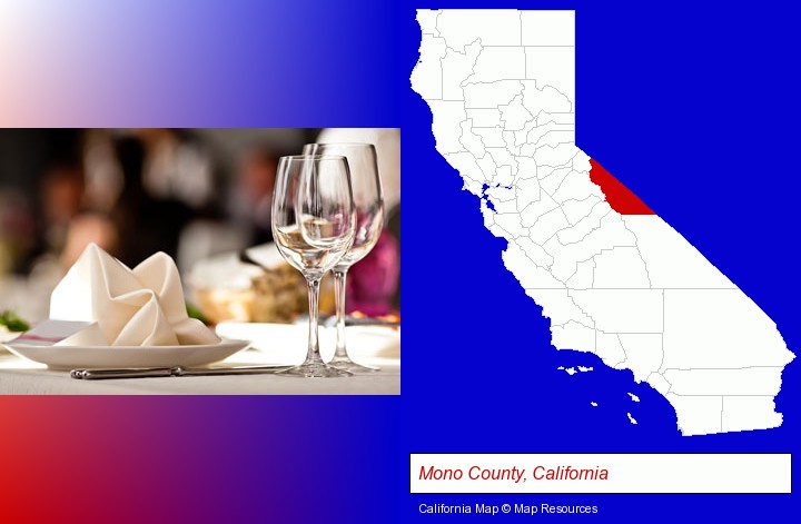 a restaurant table place setting; Mono County, California highlighted in red on a map