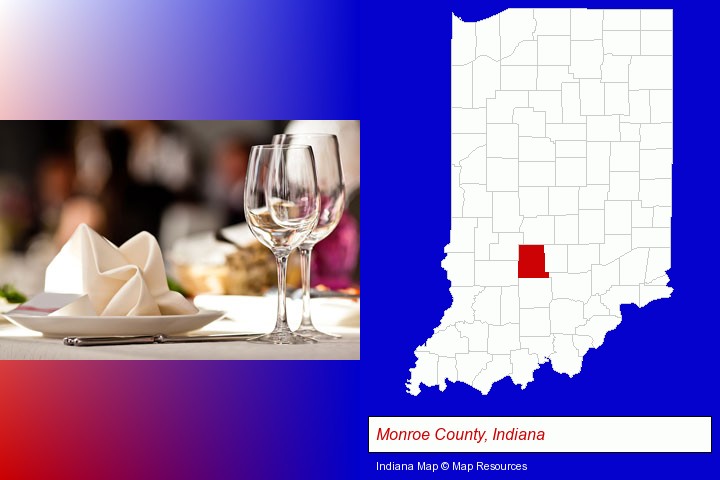a restaurant table place setting; Monroe County, Indiana highlighted in red on a map