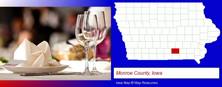 a restaurant table place setting; Monroe County, Iowa highlighted in red on a map