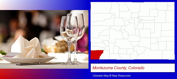 a restaurant table place setting; Montezuma County, Colorado highlighted in red on a map