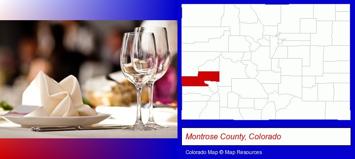 a restaurant table place setting; Montrose County, Colorado highlighted in red on a map