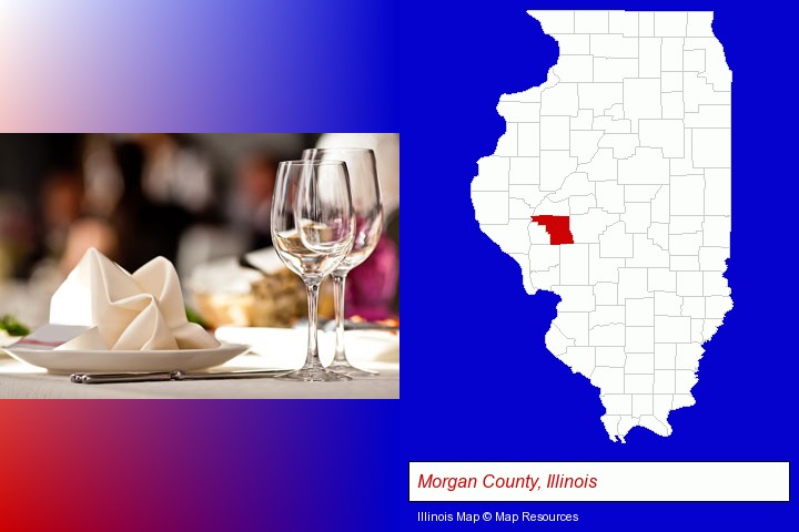 a restaurant table place setting; Morgan County, Illinois highlighted in red on a map