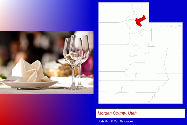 a restaurant table place setting; Morgan County, Utah highlighted in red on a map