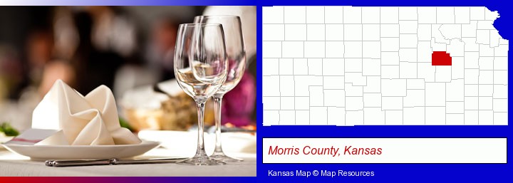 a restaurant table place setting; Morris County, Kansas highlighted in red on a map