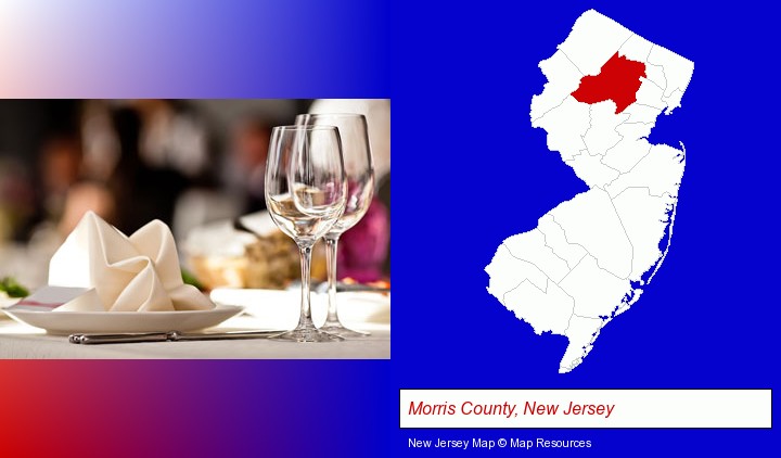 a restaurant table place setting; Morris County, New Jersey highlighted in red on a map