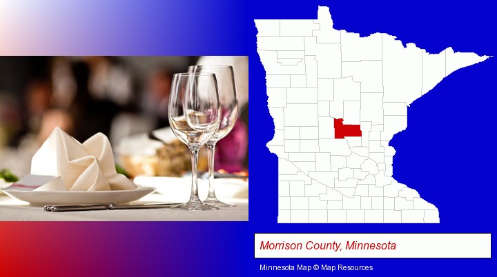 a restaurant table place setting; Morrison County, Minnesota highlighted in red on a map