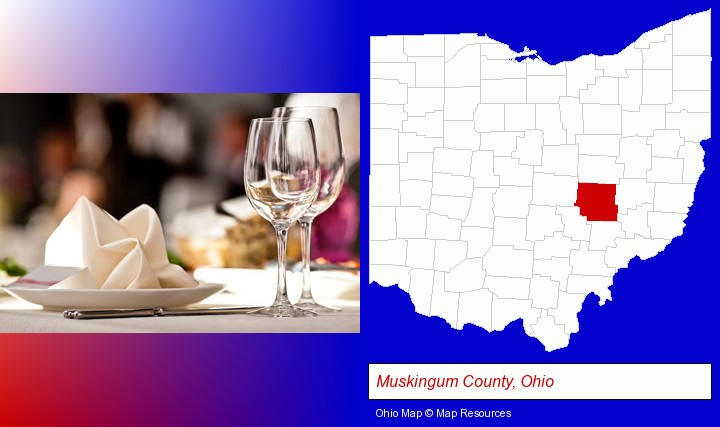 a restaurant table place setting; Muskingum County, Ohio highlighted in red on a map
