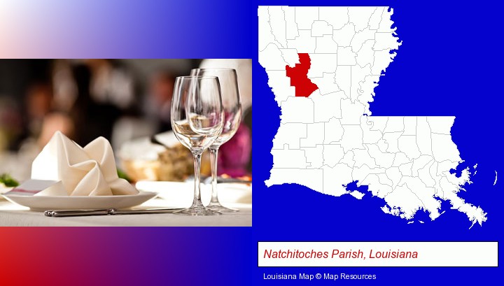 a restaurant table place setting; Natchitoches Parish, Louisiana highlighted in red on a map