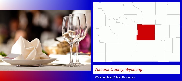 a restaurant table place setting; Natrona County, Wyoming highlighted in red on a map